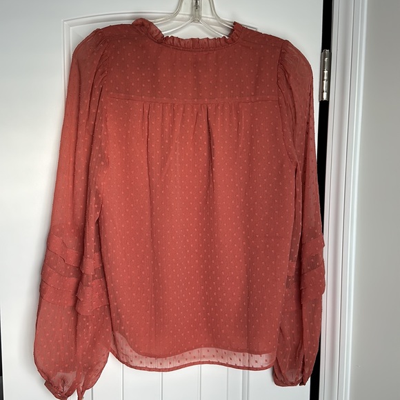 Loft burnt orange rust long sleeve chiffon dot frill V neck blouse size small. - Picture 4 of 9